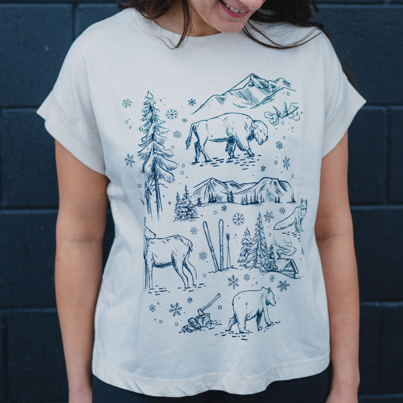 Winter Wilderness Ladies Relaxed Tee - Washed Natural - The Montana Scene