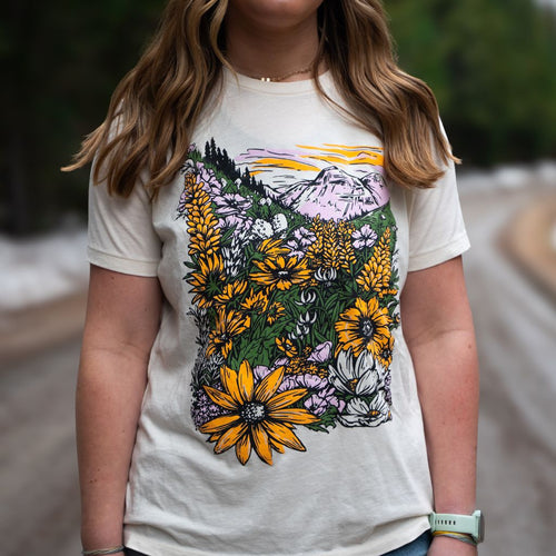 Flower Meadow Ladies Relaxed Tee - Heather Natural - The Montana Scene