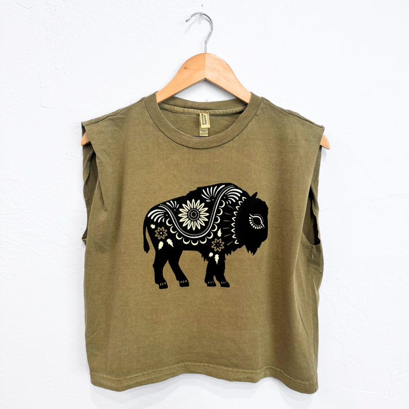 Floral Bison Ladies Muscle Tee - Faded Army