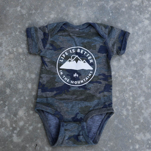 Life is Better in the Mountains Onesie - Camo - The Montana Scene