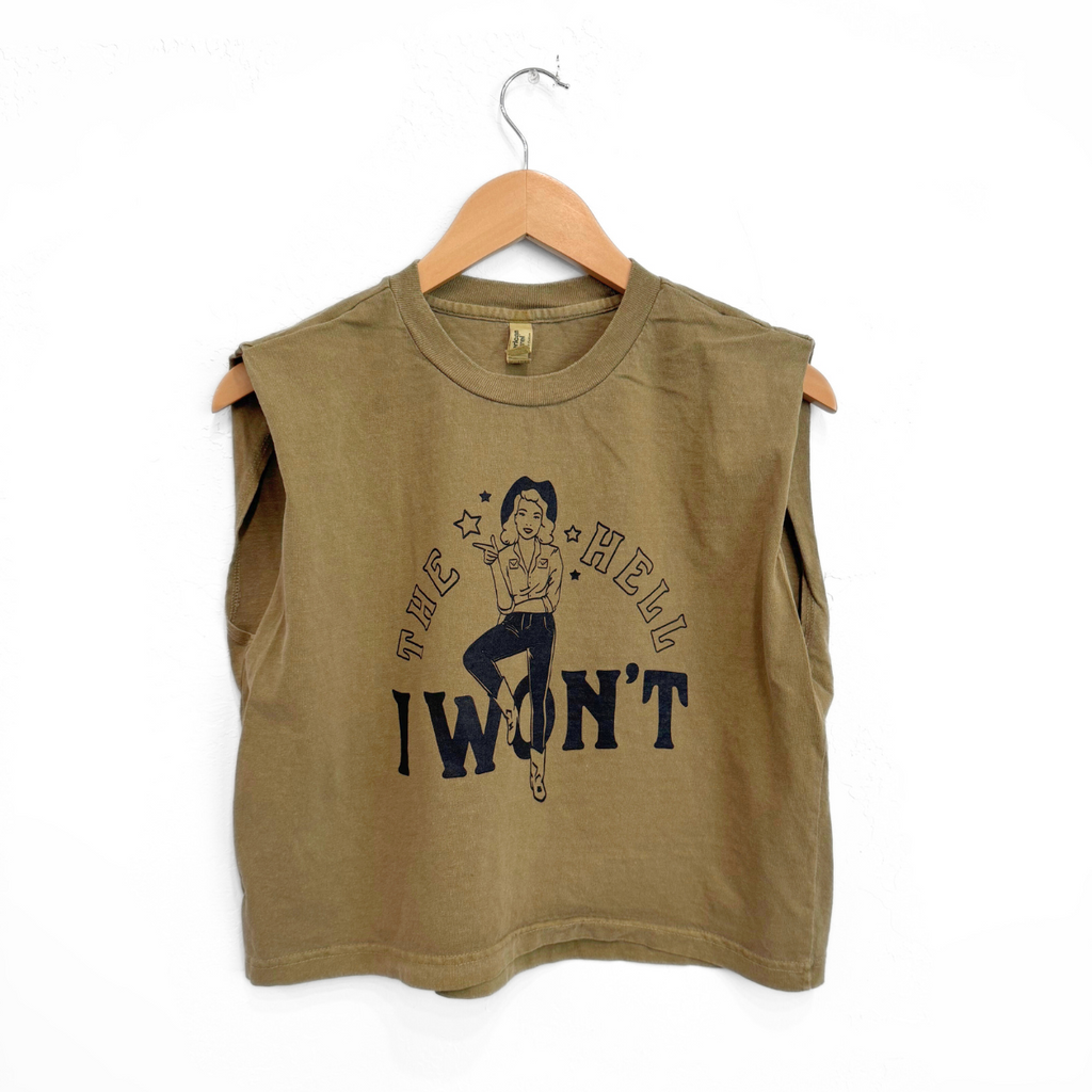 The Hell I Won't Ladies Muscle Tee - Faded Army - The Montana Scene