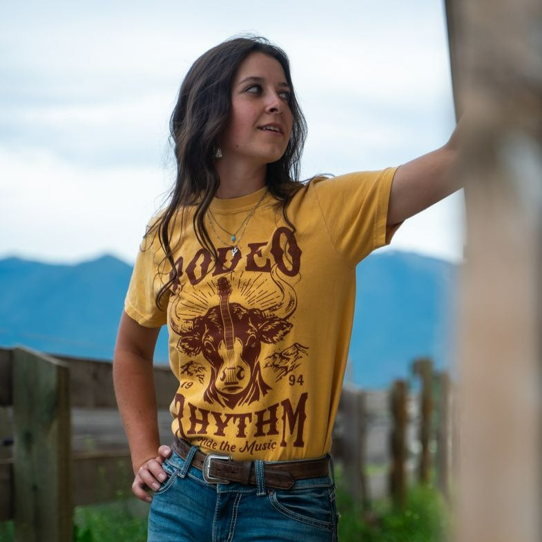 Rodeo Rhythm Unisex Tee - Mustard - The Montana Scene