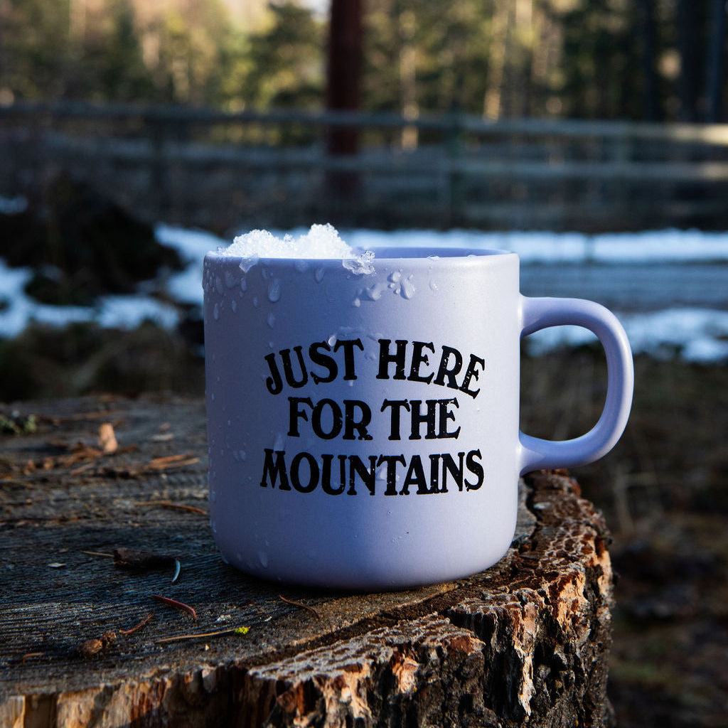 just here for the mountains lilac coffee mug