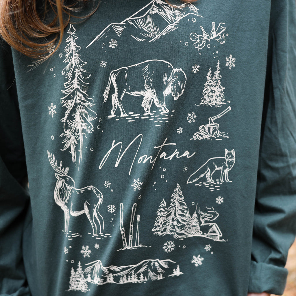 green long sleeve with montana winter theme graphic design