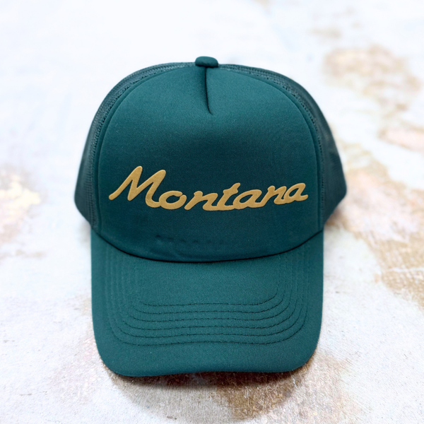 Dark green foam trucker hat with Montana in raised puff print