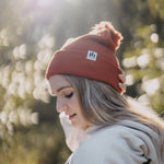 Three Tree Foldover Pom Beanie -Brick