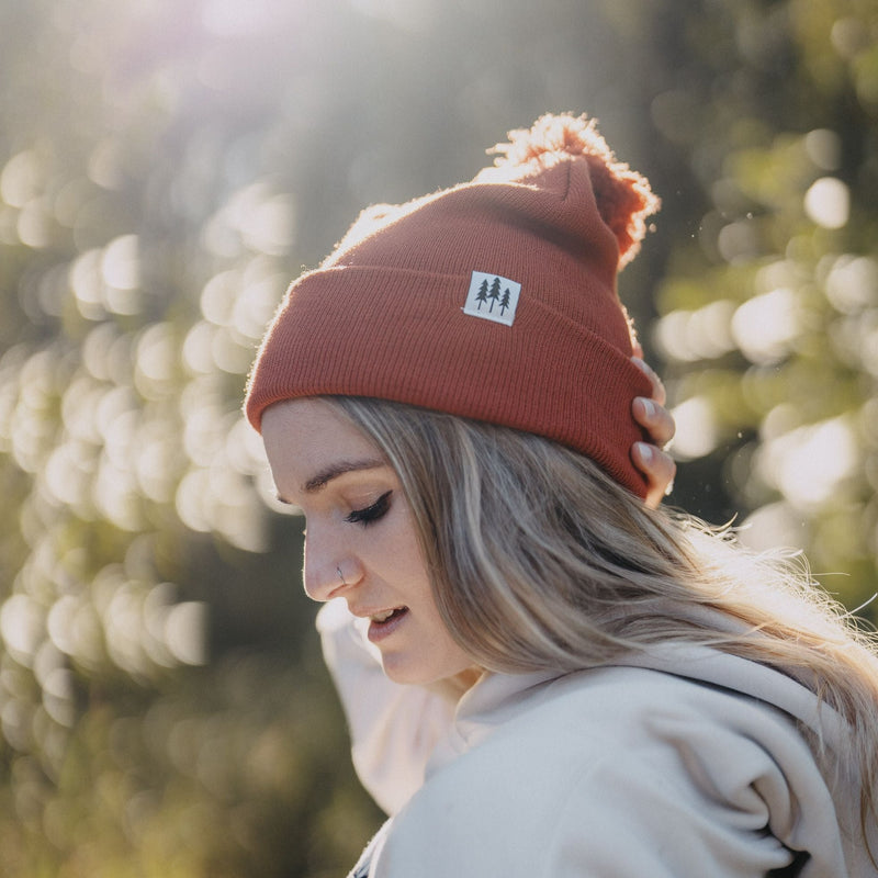 Three Tree Foldover Pom Beanie -Brick