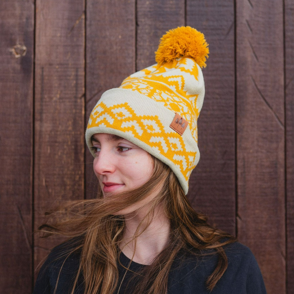 Snowflake Pattern Pom Beanie - Mustard - The Montana Scene