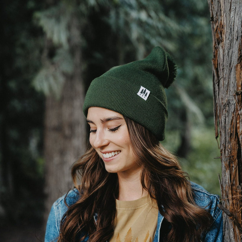 Three Tree Foldover Pom Beanie - Forest Green