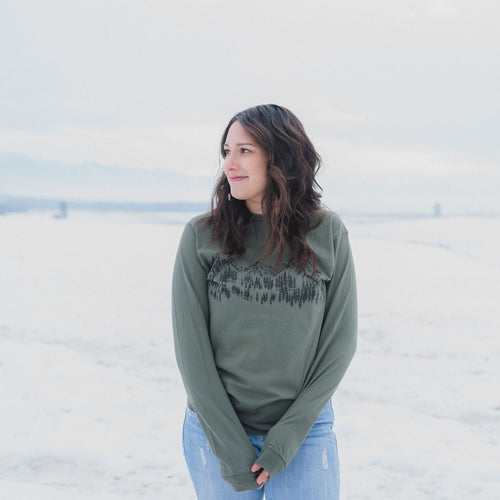 Mountain Sketch Unisex Long Sleeve - Military Green - The Montana Scene