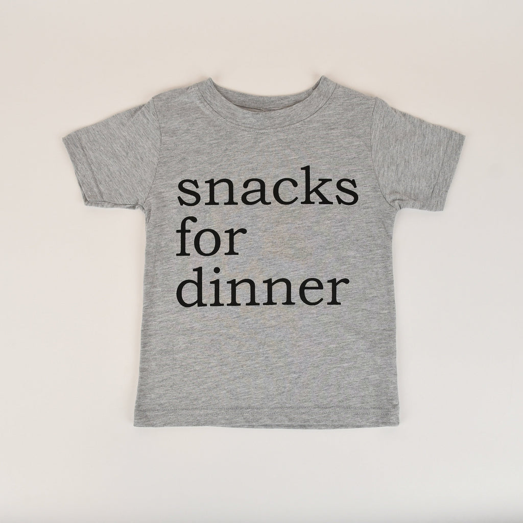 Gray t-shirt with 'snacks for dinner' text on a white background