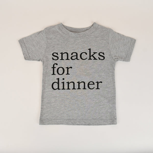Gray t-shirt with 'snacks for dinner' text on a white background