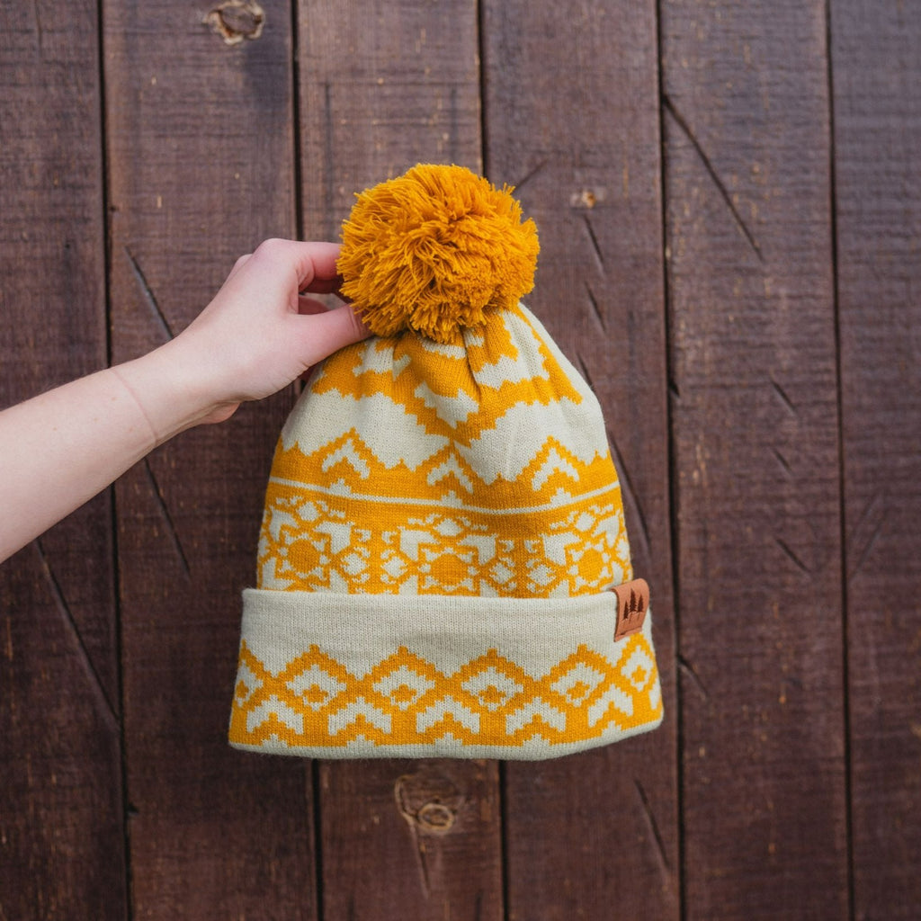 Snowflake Pattern Pom Beanie - Mustard - The Montana Scene