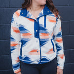 Western Aztec Buttoned Zipper Pockets Fleece Jacket - Blue - The Montana Scene
