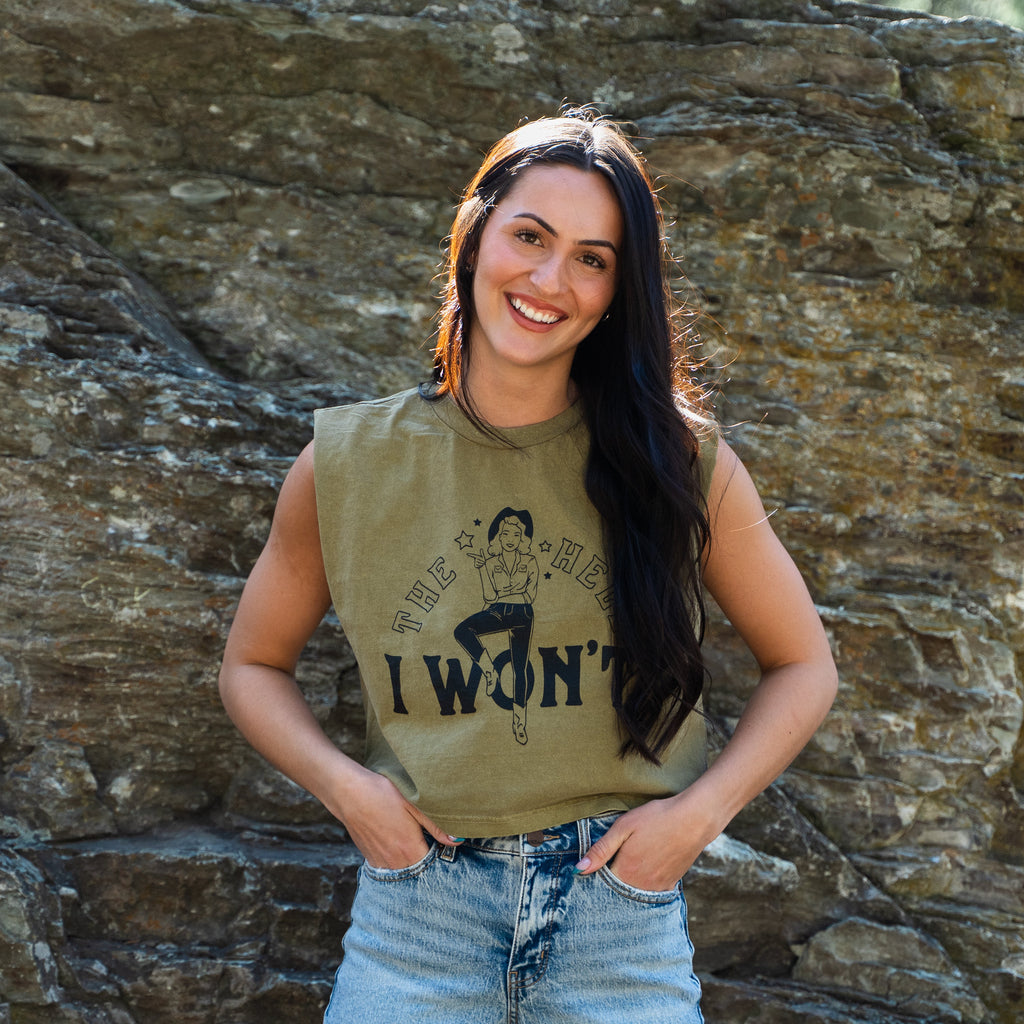 The Hell I Won't Ladies Muscle Tee - Faded Army - The Montana Scene