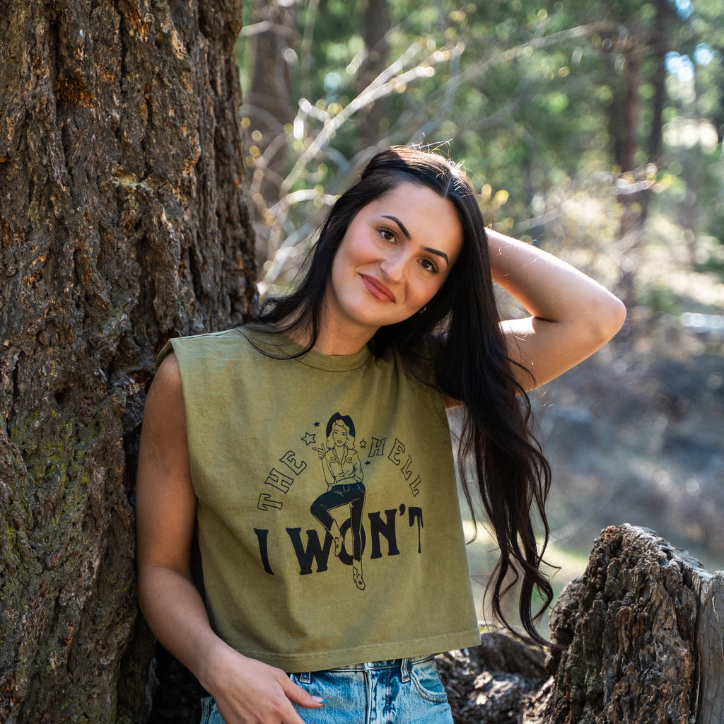 The Hell I Won't Ladies Muscle Tee - Faded Army - The Montana Scene