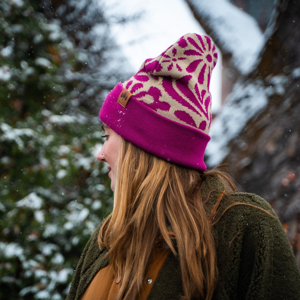 Floral Pattern Fold Over Beanie - Magenta/Olive - The Montana Scene