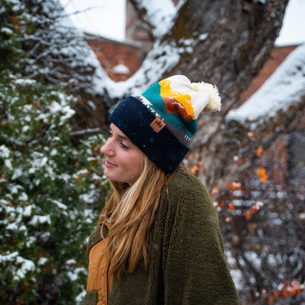Mountains Pom Beanie - Berry/Navy - The Montana Scene