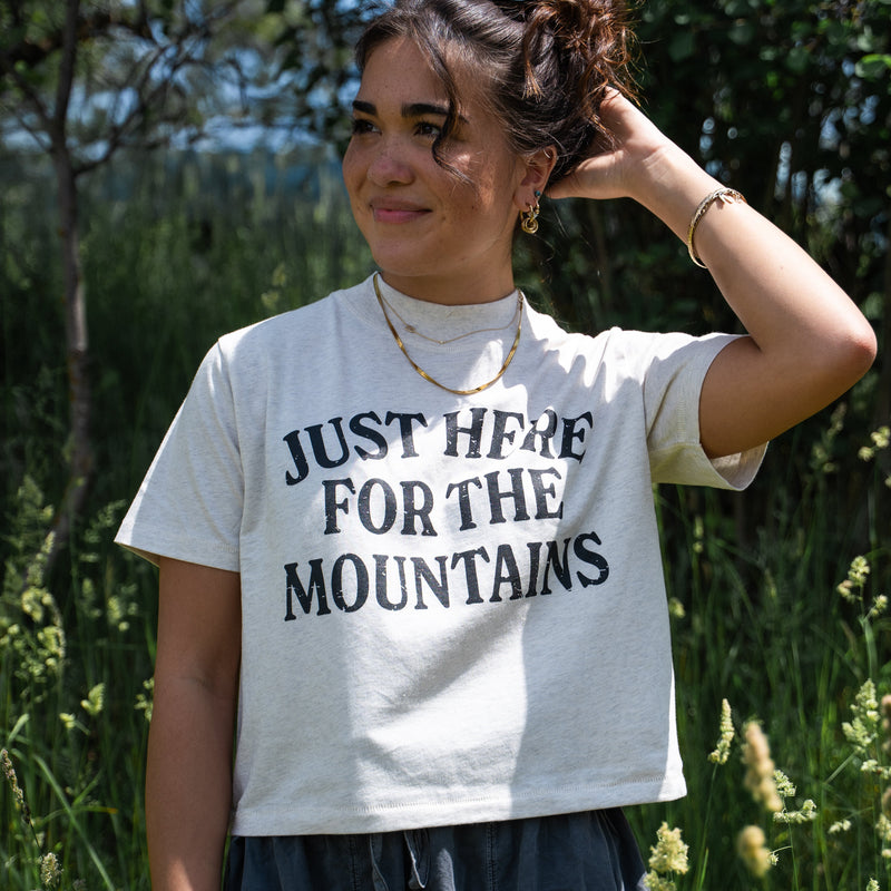 Just Here For The Mountains Ladies Boxy Tee - Heather Natural