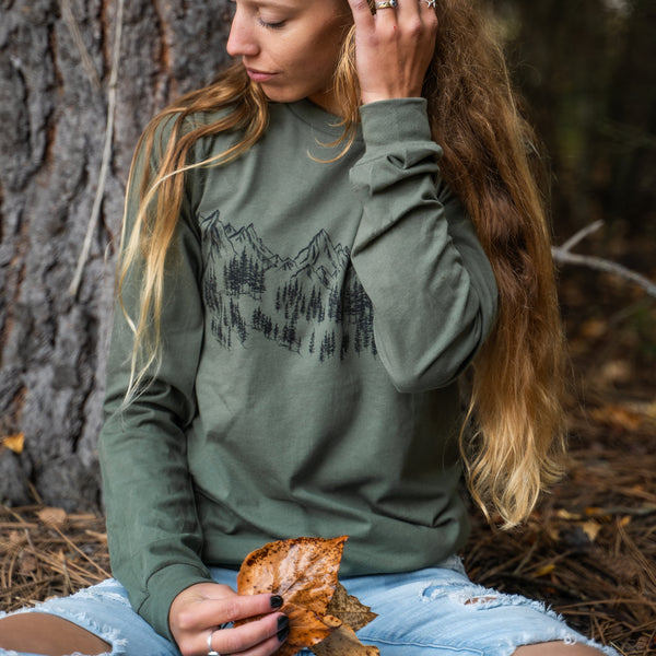 Mountain Sketch Unisex Long Sleeve - Military Green - The Montana Scene