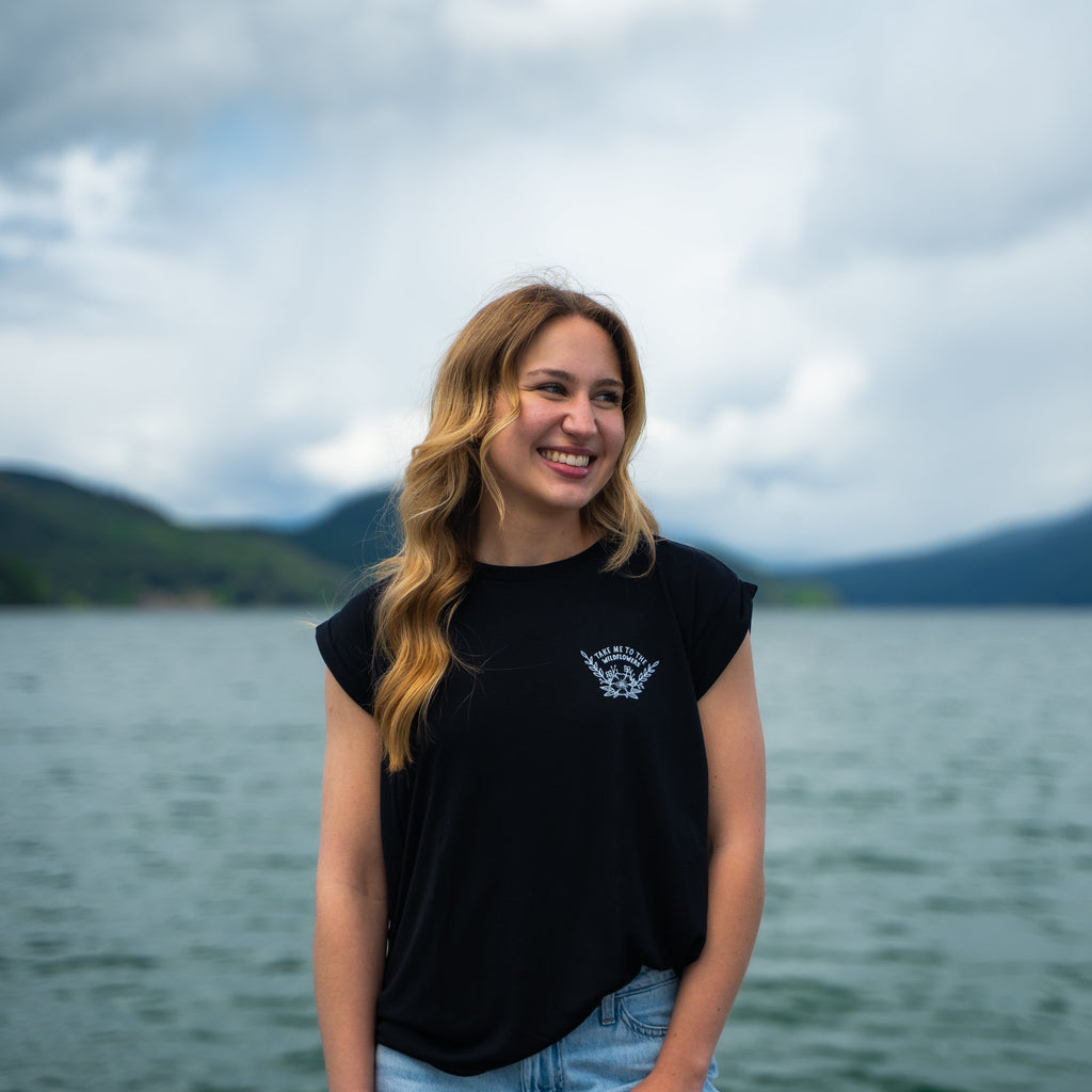 Take Me To The Wildflowers Ladies Rolled Sleeve - Black - The Montana Scene