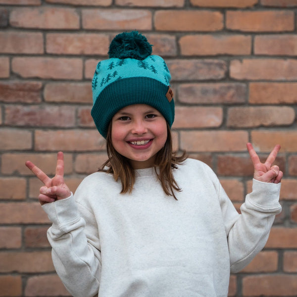 Pine Trees Kids Pom Beanie - Purple/Teal - The Montana Scene