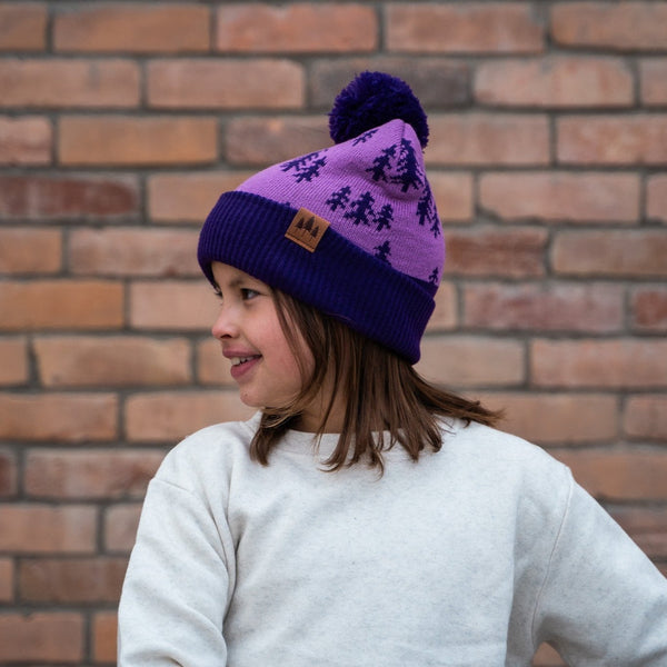 Pine Trees Kids Pom Beanie - Purple/Teal - The Montana Scene