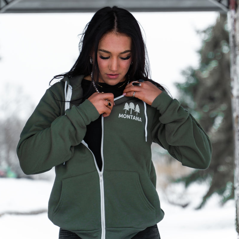 Montana Three Tree Unisex Zip Hoodie - Military Green