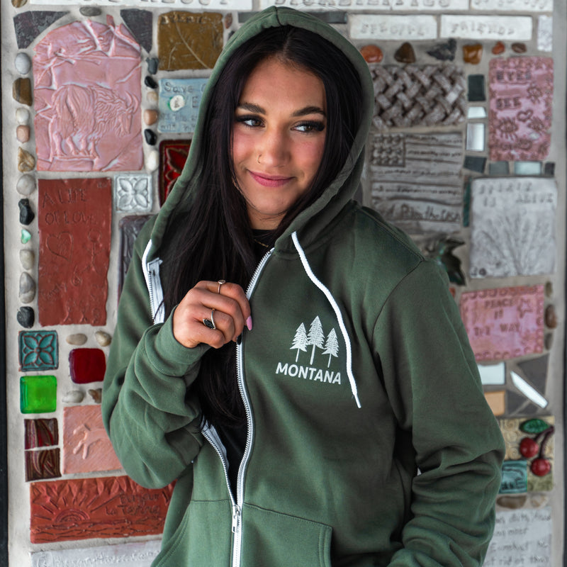 Montana Three Tree Unisex Zip Hoodie - Military Green