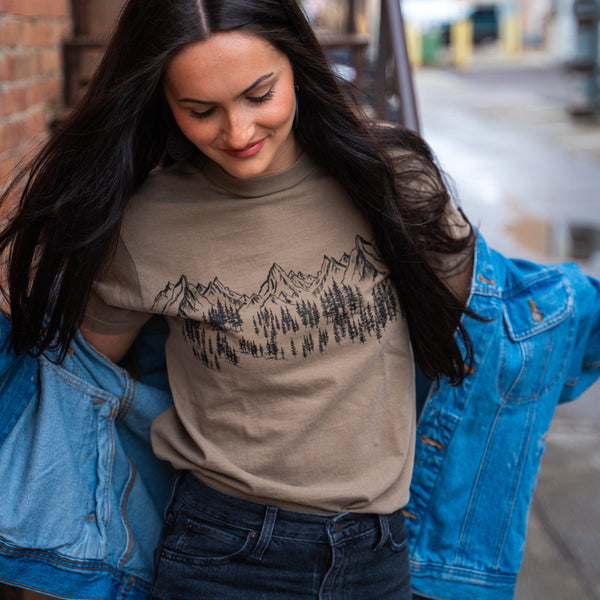 Mountain Sketch Unisex Tee - Faded Brown - The Montana Scene