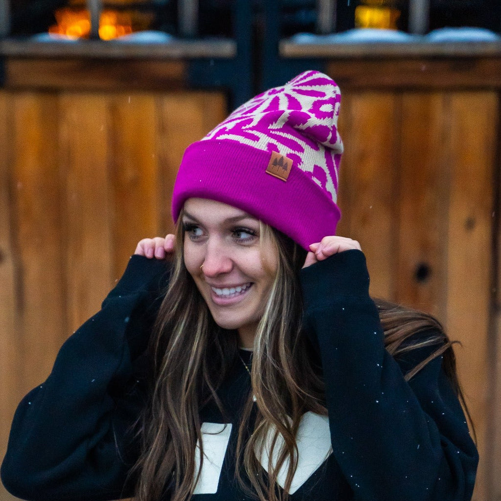 Floral Pattern Fold Over Beanie - Magenta/Olive - The Montana Scene