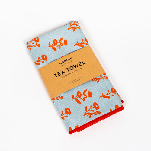 Floral Silhouette Pattern Tea Towel - Blue/Orange