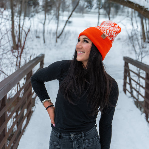 Daisy Fold Over Beanie - Orange/Black