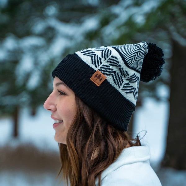 Geometric Pom Beanie - Dark Teal/Black - The Montana Scene