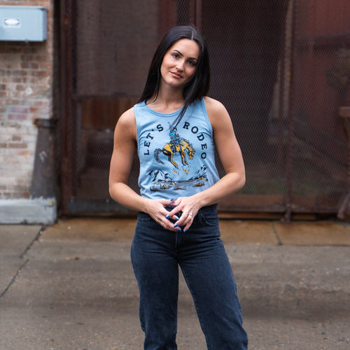 Let's Rodeo Ladies Crop Tank - Stonewash Denim