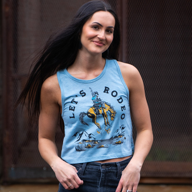 Let's Rodeo Ladies Crop Tank - Stonewash Denim