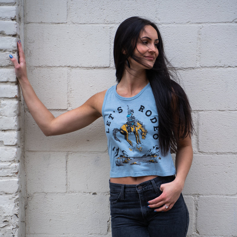Let's Rodeo Ladies Crop Tank - Stonewash Denim