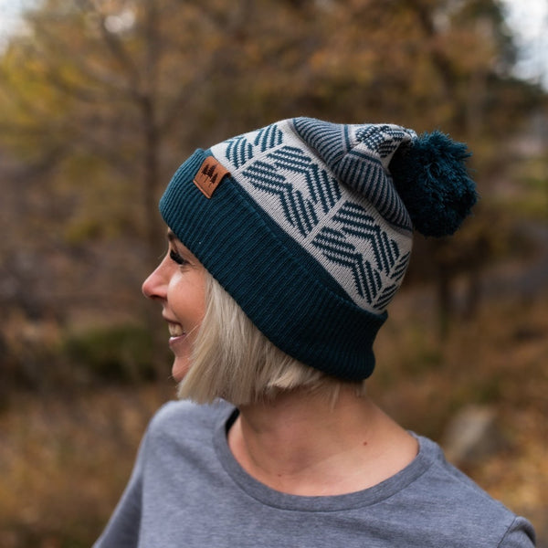 Geometric Pom Beanie - Dark Teal/Black - The Montana Scene
