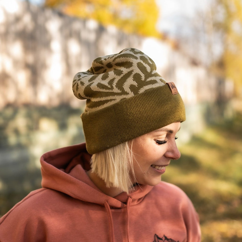 Floral Pattern Fold Over Beanie - Magenta/Olive - The Montana Scene