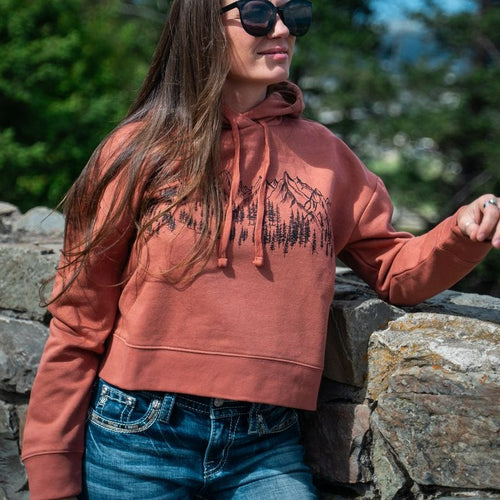 Mountain Sketch Ladies Crop Hoodie - Desert Rose