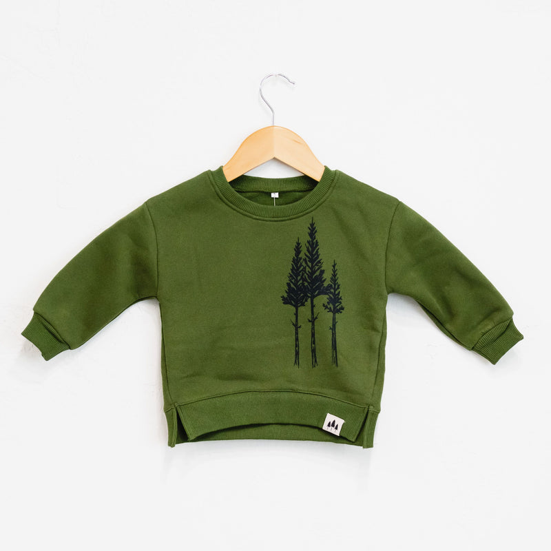 Rustic Three Tree Toddler Crew Fleece - Olive - The Montana Scene