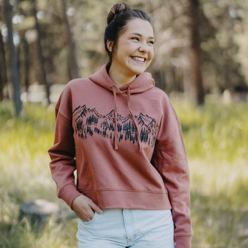 Mountain Sketch Ladies Crop Hoodie - Desert Rose