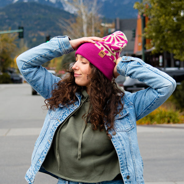 Floral Pattern Fold Over Beanie - Magenta/Olive - The Montana Scene