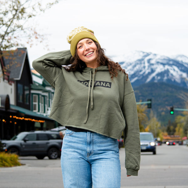 Montana Bar Ladies Cropped Hoodie - Olive - The Montana Scene