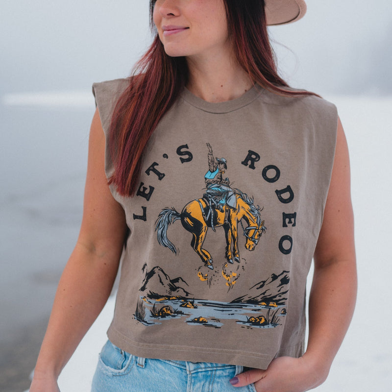 Let's Rodeo Muscle Tee - Faded Brown - Ladies - The Montana Scene