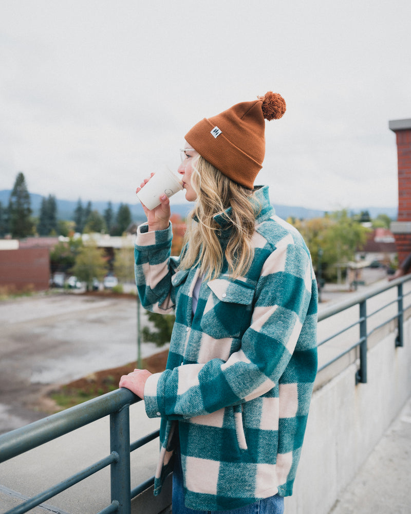 Three Tree Foldover Pom Beanie - Brown