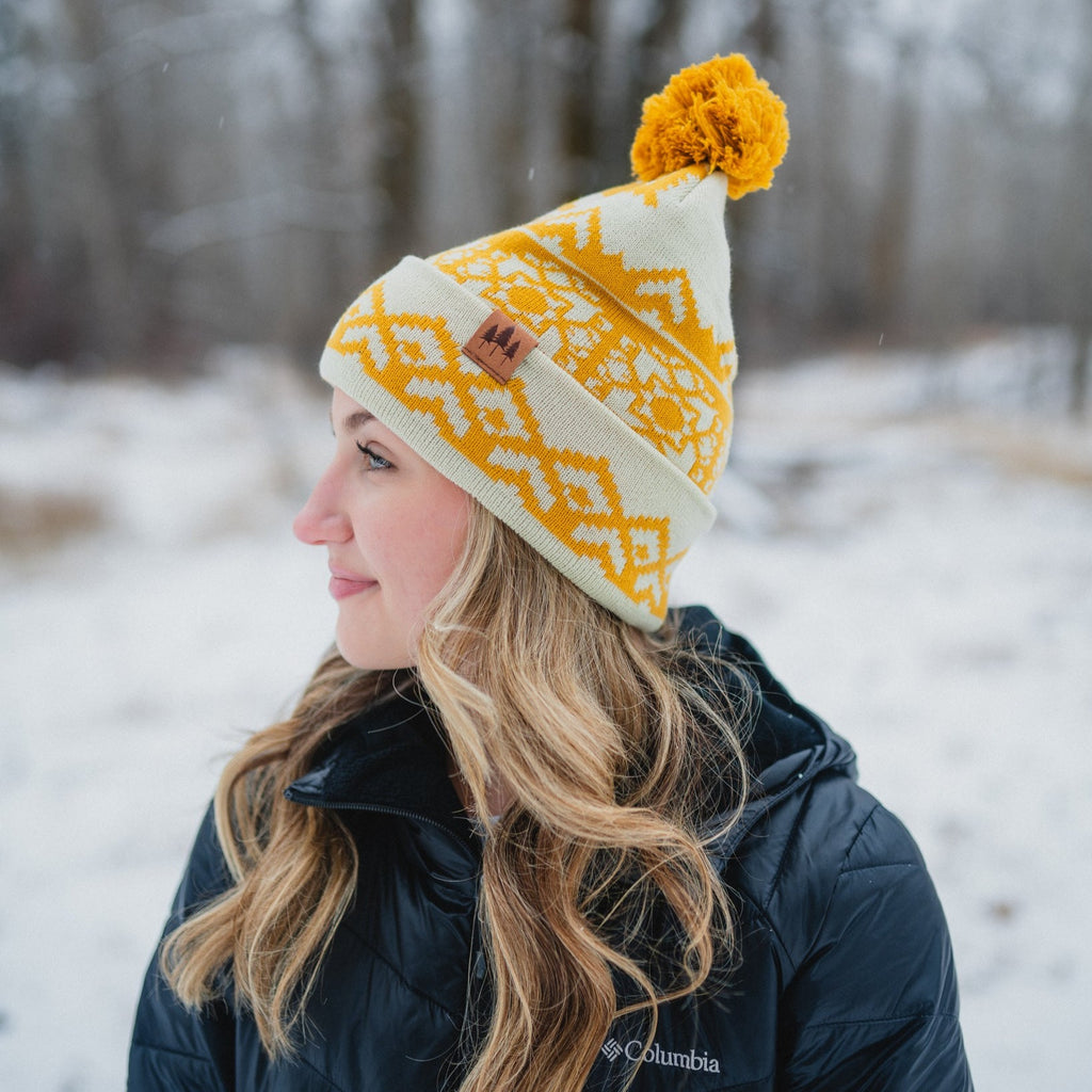 Snowflake Pattern Pom Beanie - Mustard - The Montana Scene