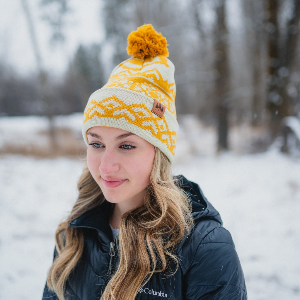 Snowflake Pattern Pom Beanie - Mustard - The Montana Scene