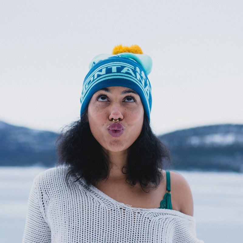 Montana Mountain Pom Beanie - Teal/Yellow - The Montana Scene