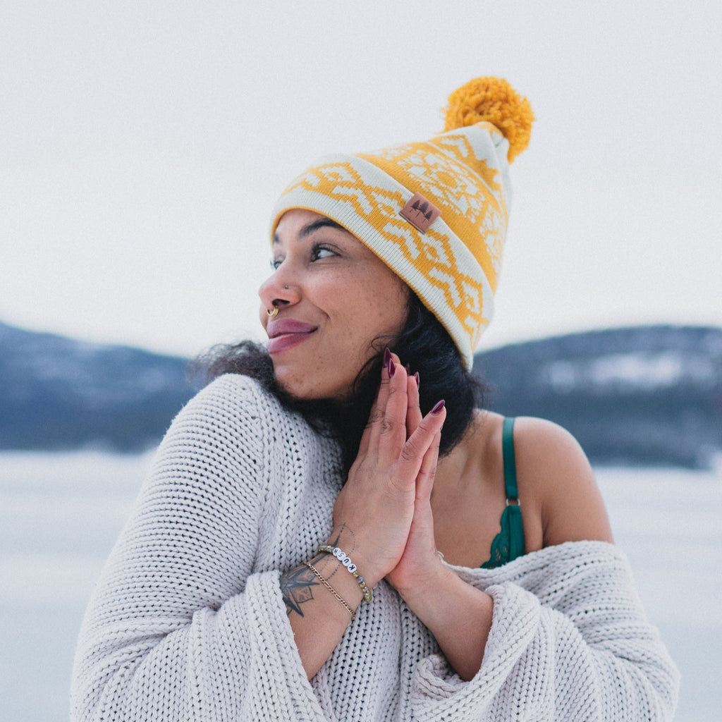 Snowflake Pattern Pom Beanie - Mustard - The Montana Scene